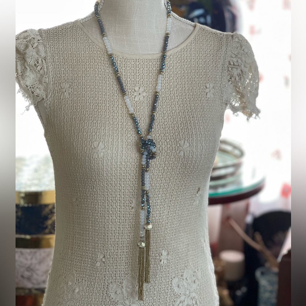 Blue Silver and Opaque Crystal Lariat Necklace With Gold Tone Tassels